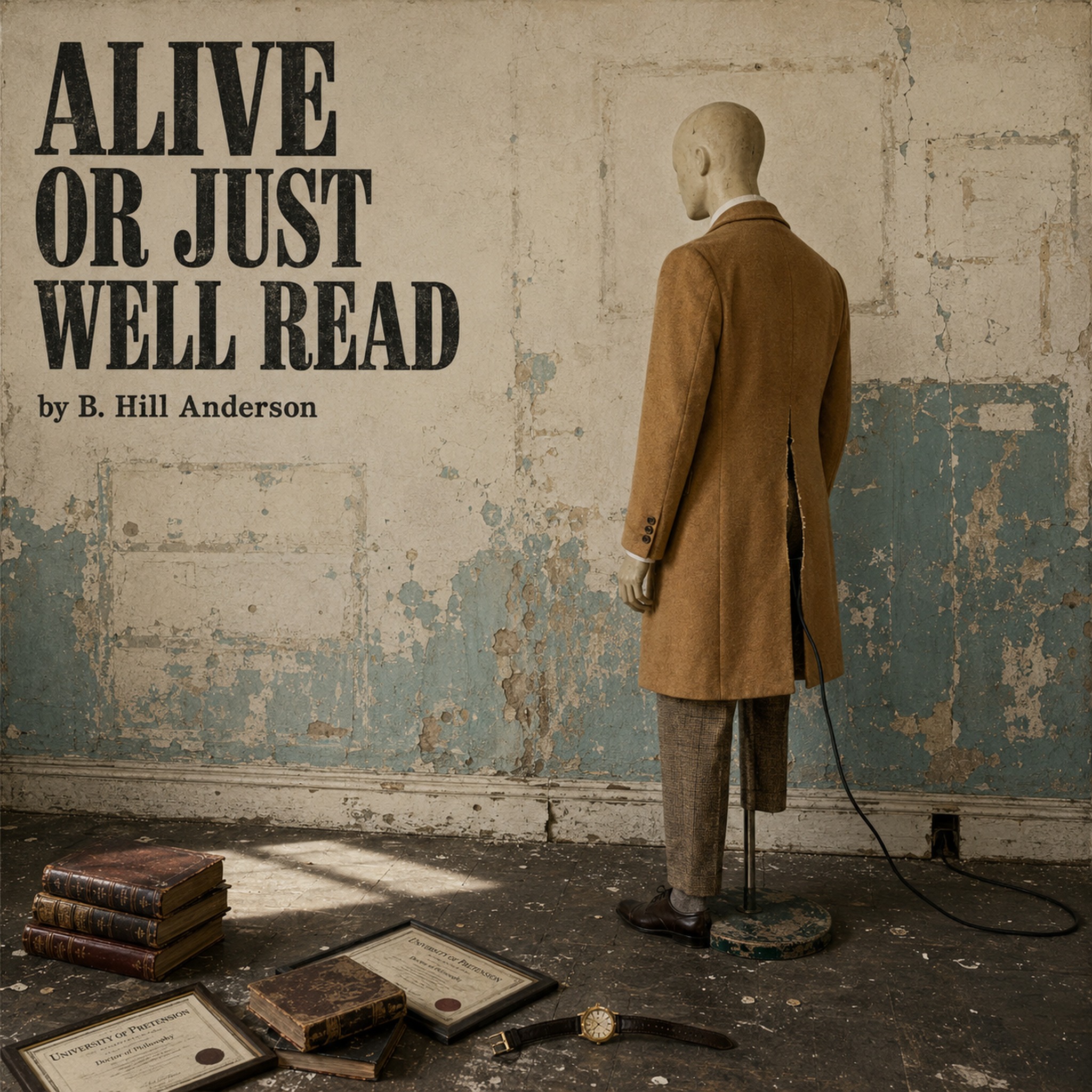 Square cover art for Alive or Just Well-Read showing a carefully arranged interior with books and cultivated objects beneath the title and byline by B. Hill Anderson.