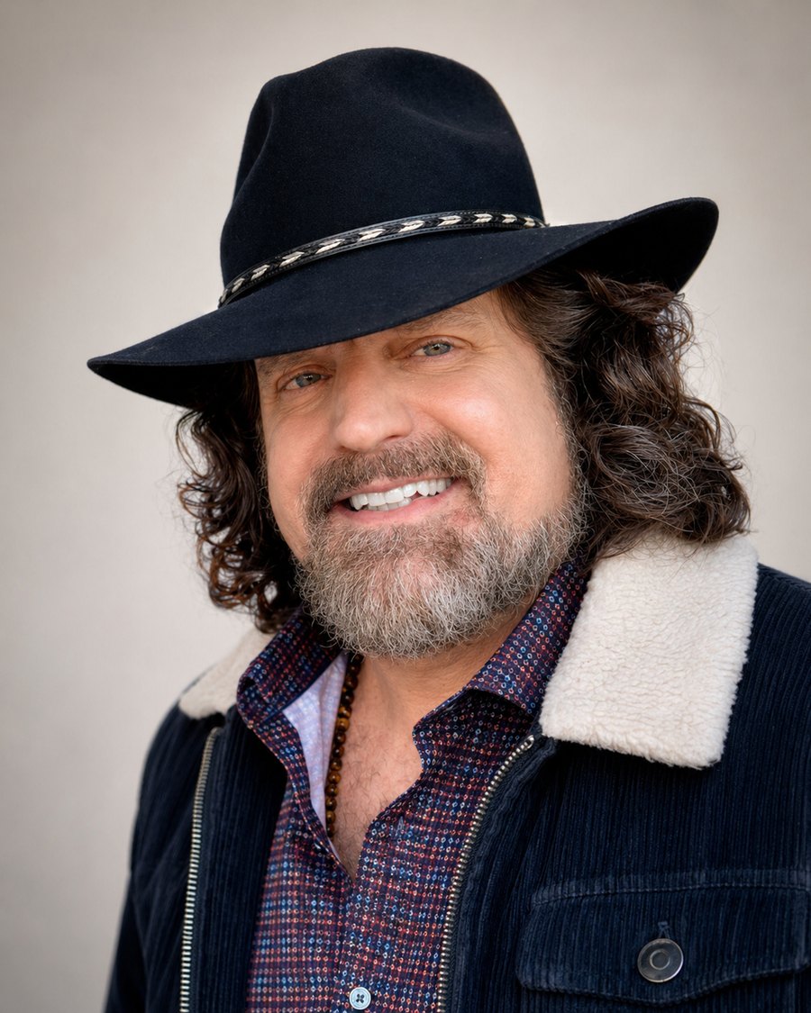 Portrait of B. Hill Anderson wearing a black wide-brimmed hat and a dark jacket with a shearling collar.