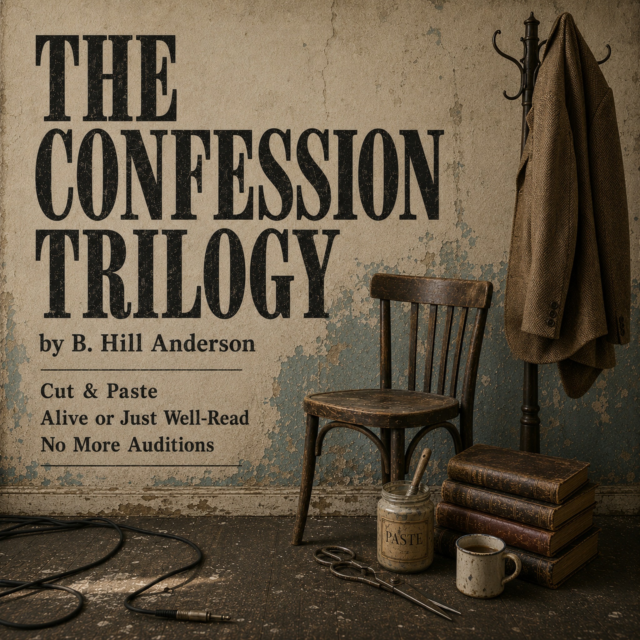 Square trilogy cover showing a worn rehearsal room with a chair, coat rack, books, paste jar, scissors, microphone cable, and the titles of all three songs.