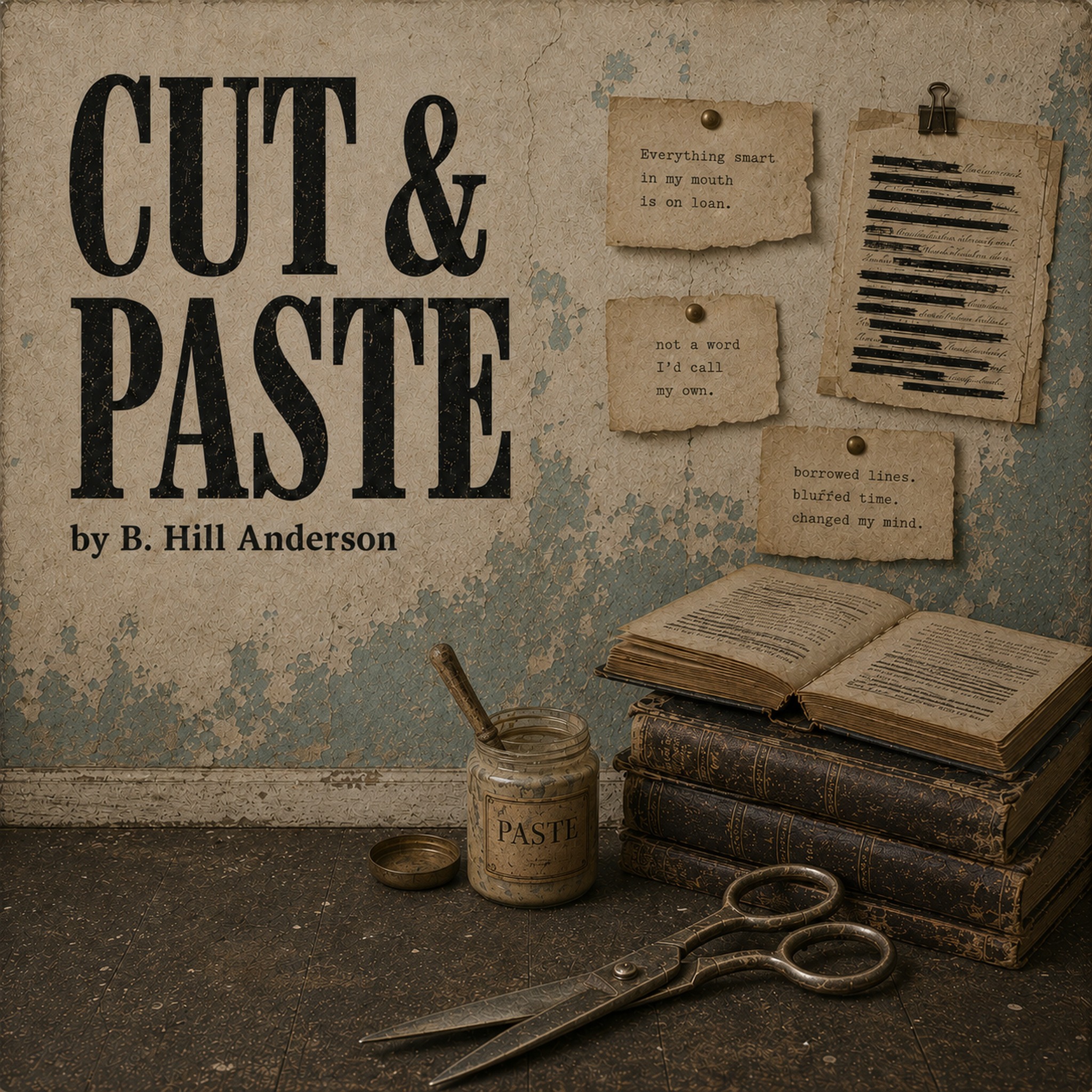 Square cover art for Cut & Paste showing a worn room with books, papers, and tools arranged around the title and byline by B. Hill Anderson.