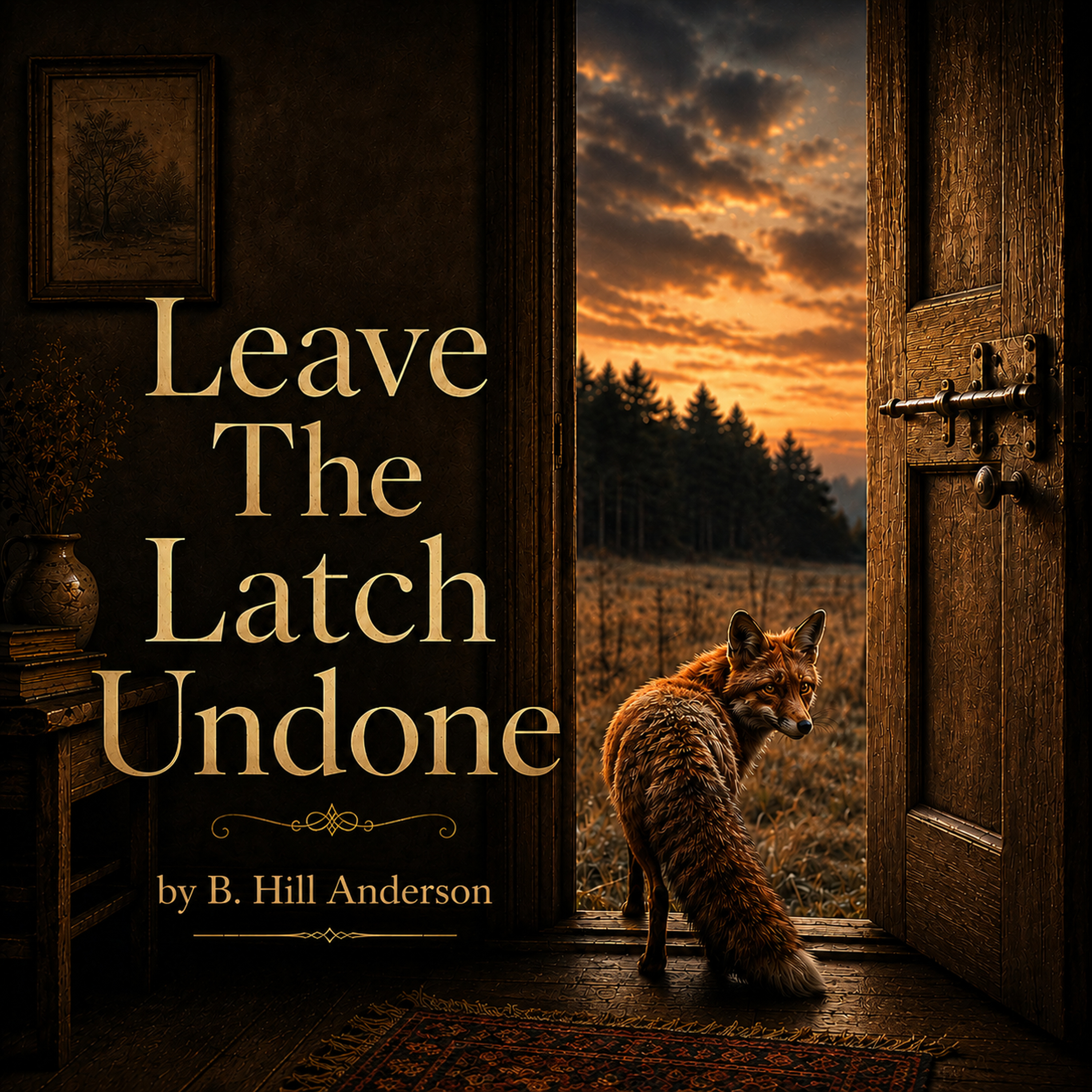 Square cover art showing a red fox standing at the threshold of an open wooden door, looking back into a dark rustic room. A field and sunset sky appear outside. The title Leave The Latch Undone fills the left side, with the byline by B. Hill Anderson below.