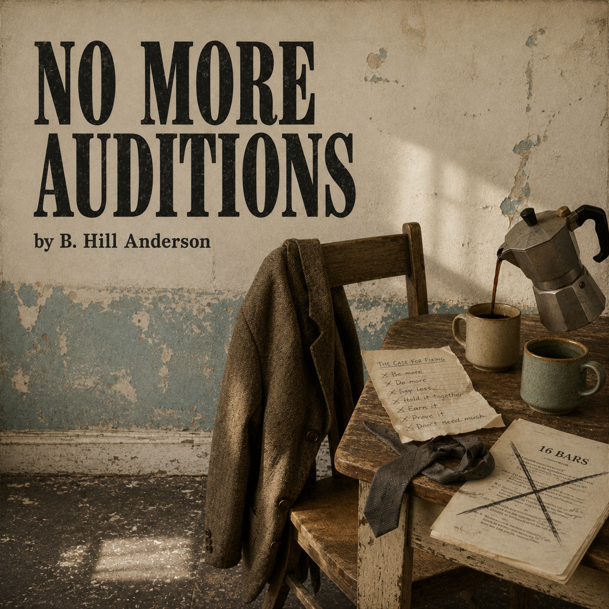 Square cover art for No More Auditions showing a quiet domestic interior and a solitary figure beneath the title and byline by B. Hill Anderson.