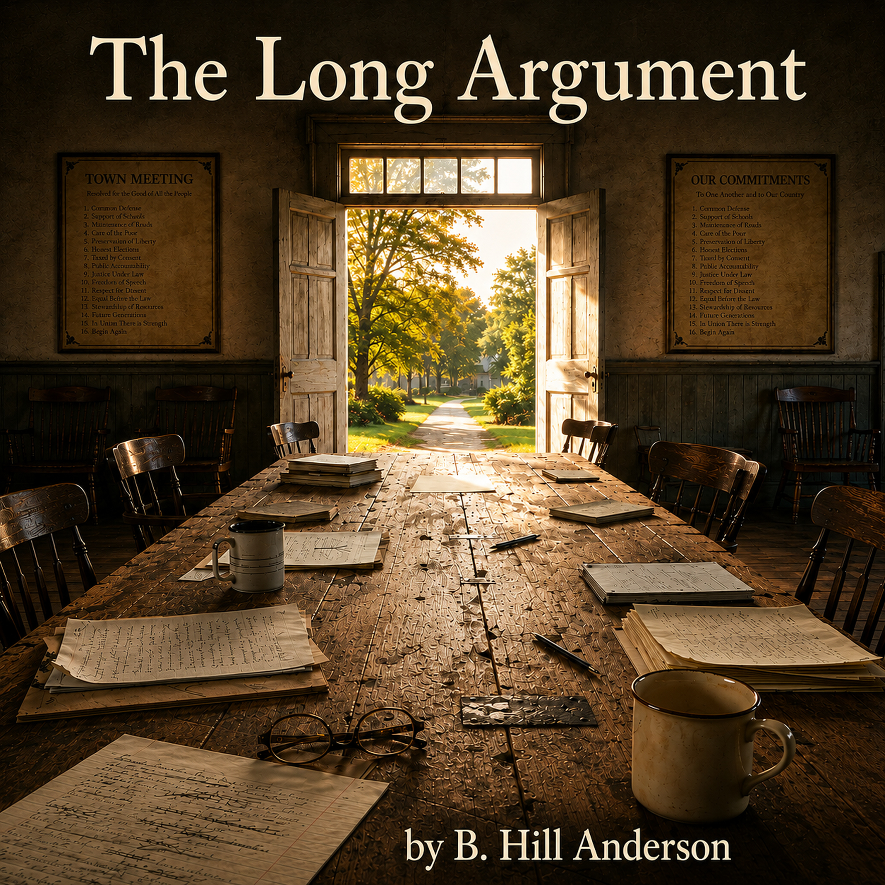 Square cover art showing an empty rustic town meeting hall at golden hour. A long weathered table is covered with handwritten papers, mugs, pens, and eyeglasses, while open double doors frame a sunlit path and trees. The title The Long Argument appears in large cream lettering across the top, with the byline by B. Hill Anderson centered near the bottom.