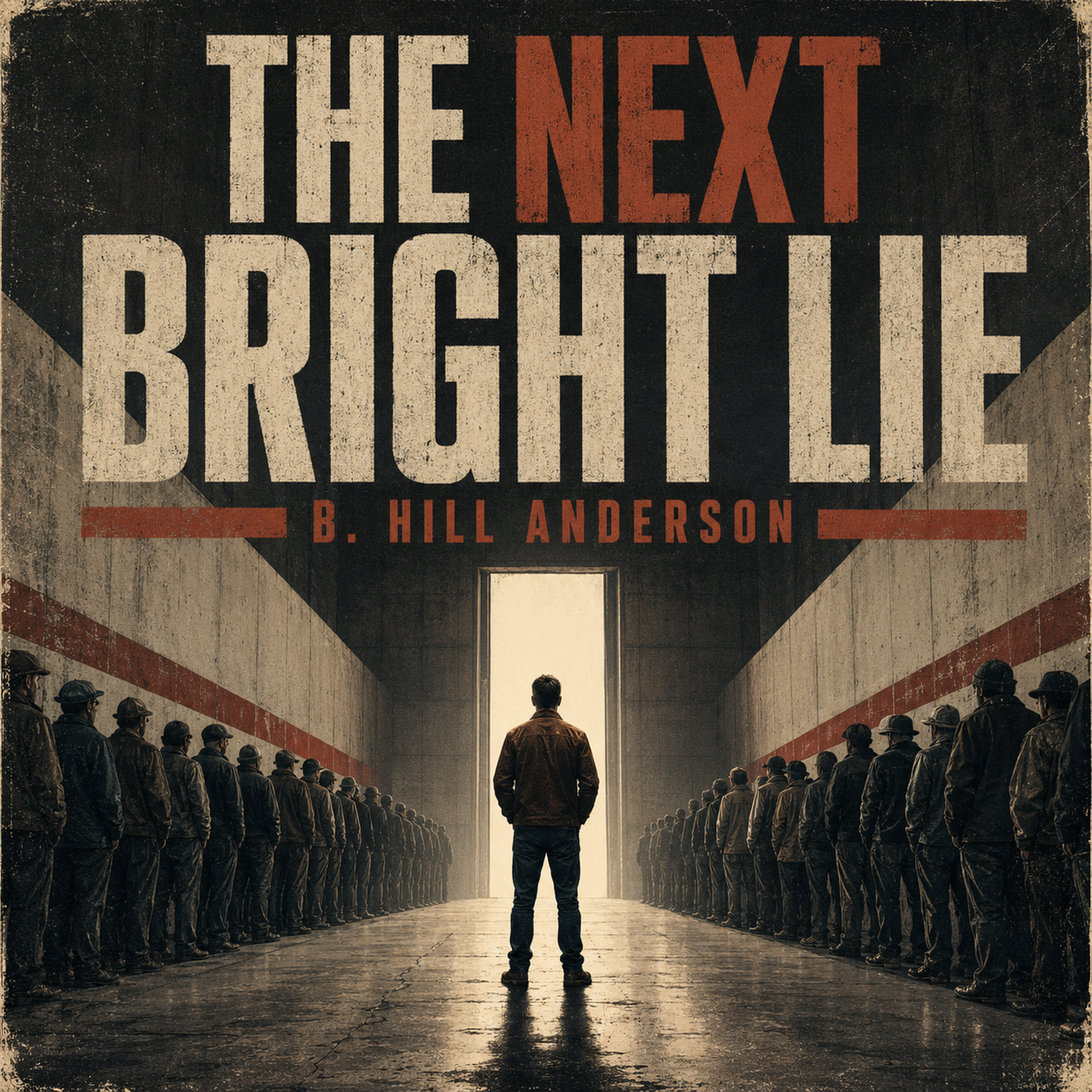 Cover art for The Next Bright Lie: one man stands between two lines of figures facing a bright doorway.