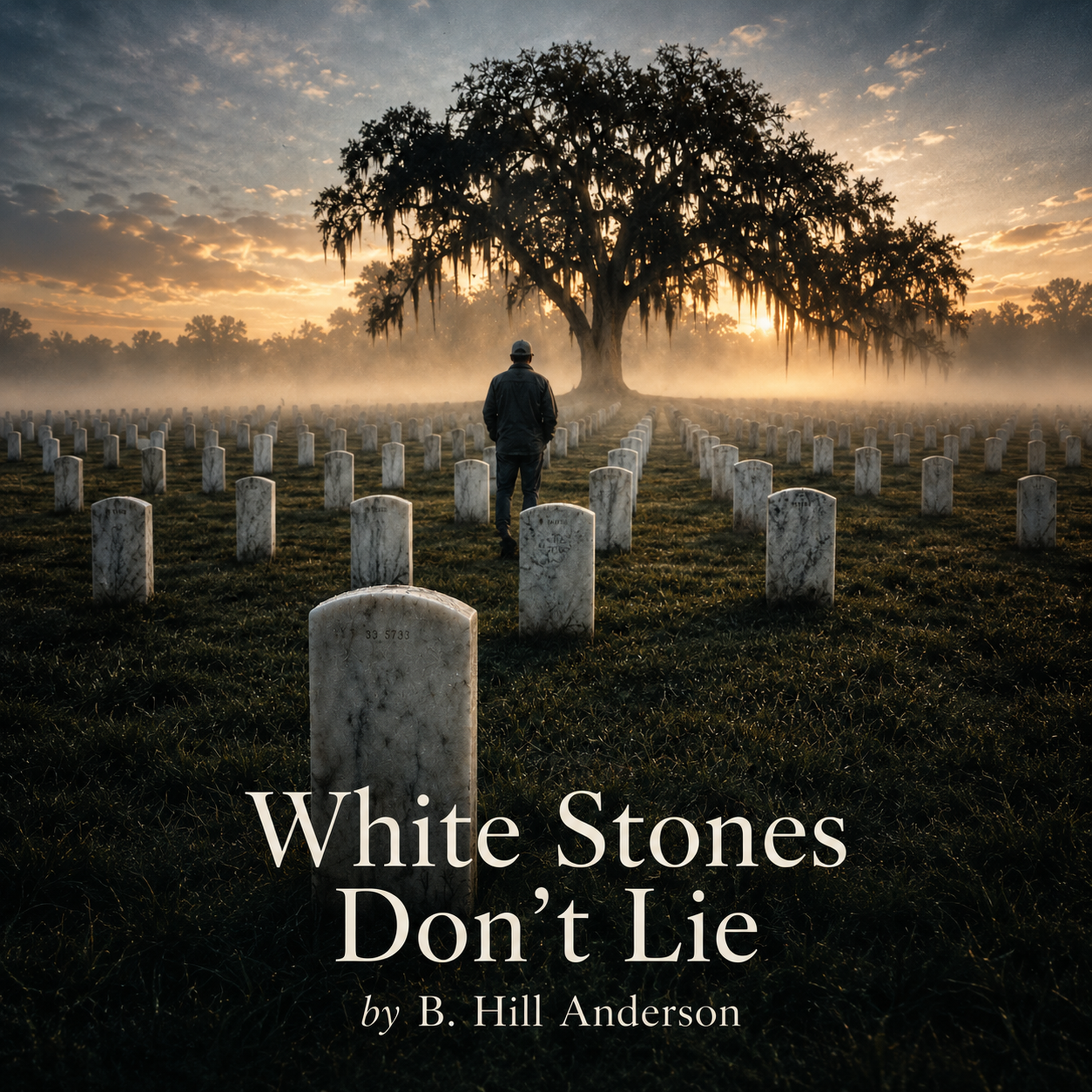 Cover art for White Stones Don't Lie: a lone figure stands among white military grave markers beneath a large oak tree. The title and byline 'by B. Hill Anderson' appear at the bottom.